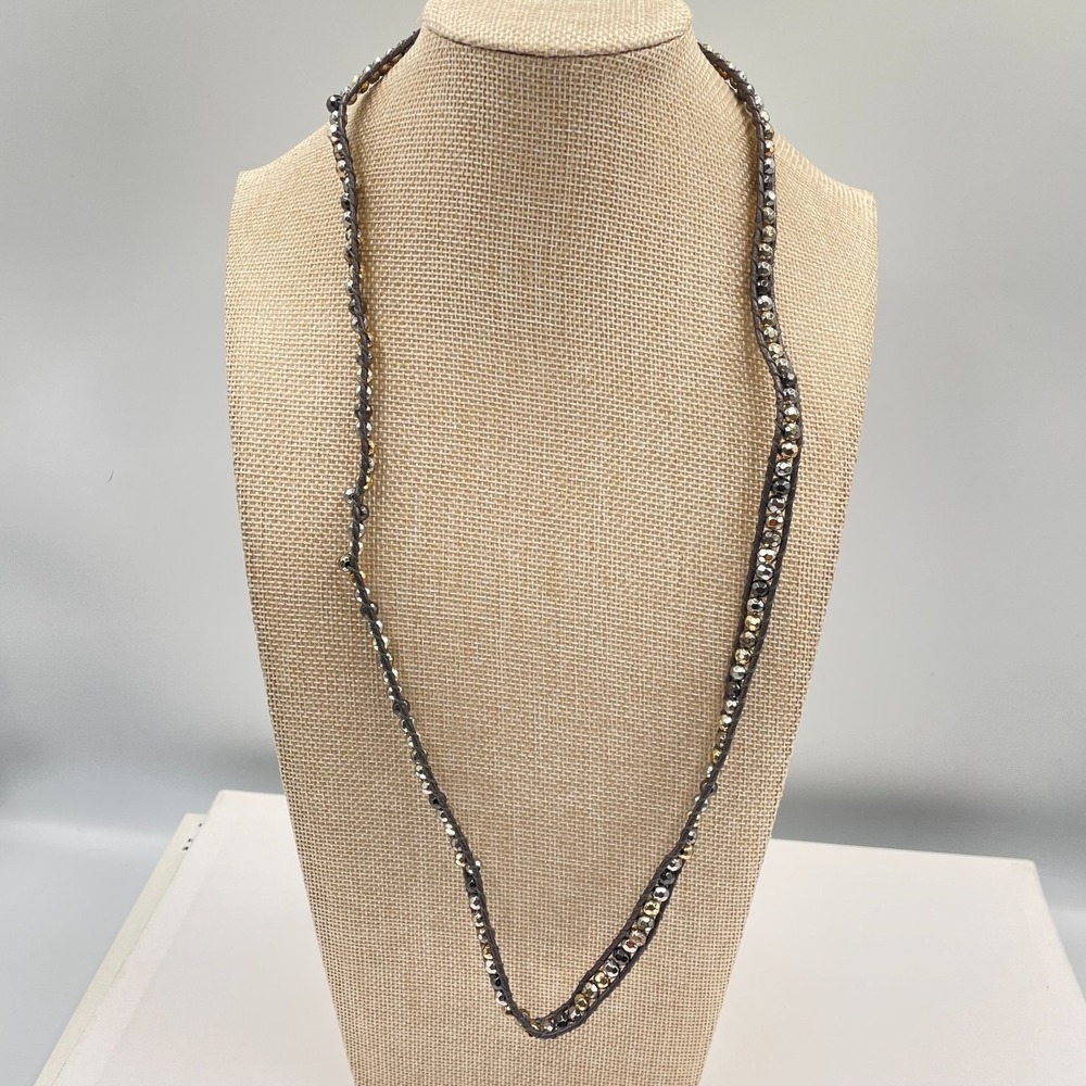 VTG‎ Boho Leather Wrap Necklace Bracelet Mixed Metal Beaded Strand Hematite Tone